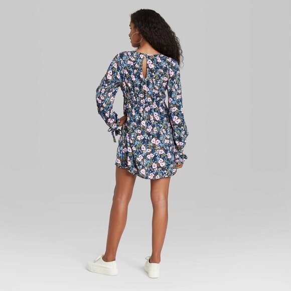Wild Fable Keyhole Back Navy Blue & Floral Long Sleeve Mini Dress -- Size Small - Picture 4 of 8